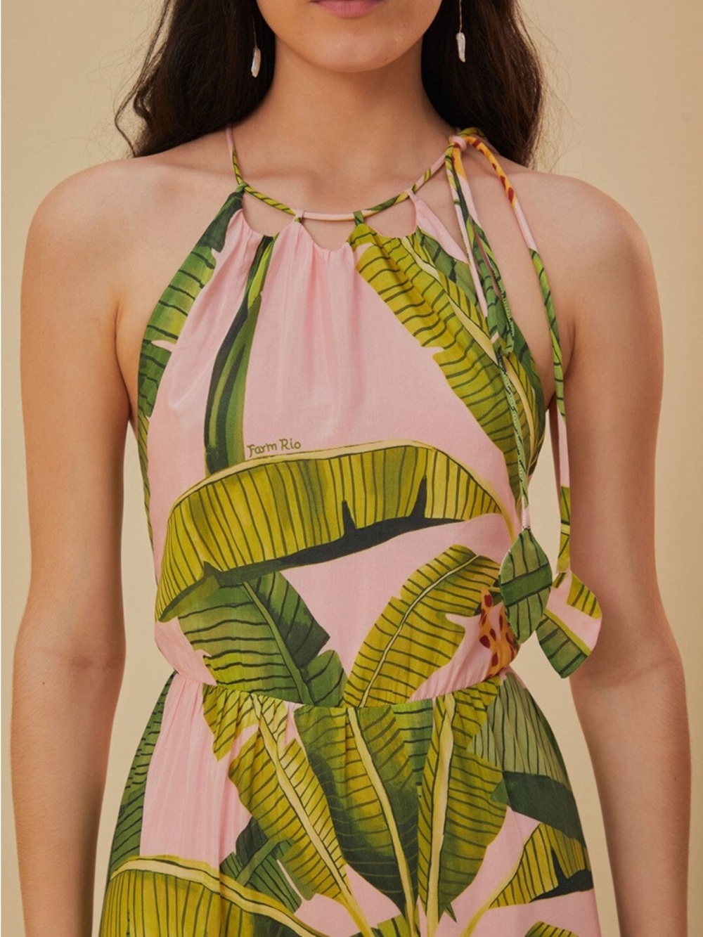 FARM Rio Tropical Pink Maxi Dress with Green Leaf Print Size Medium - Picture 10 of 16